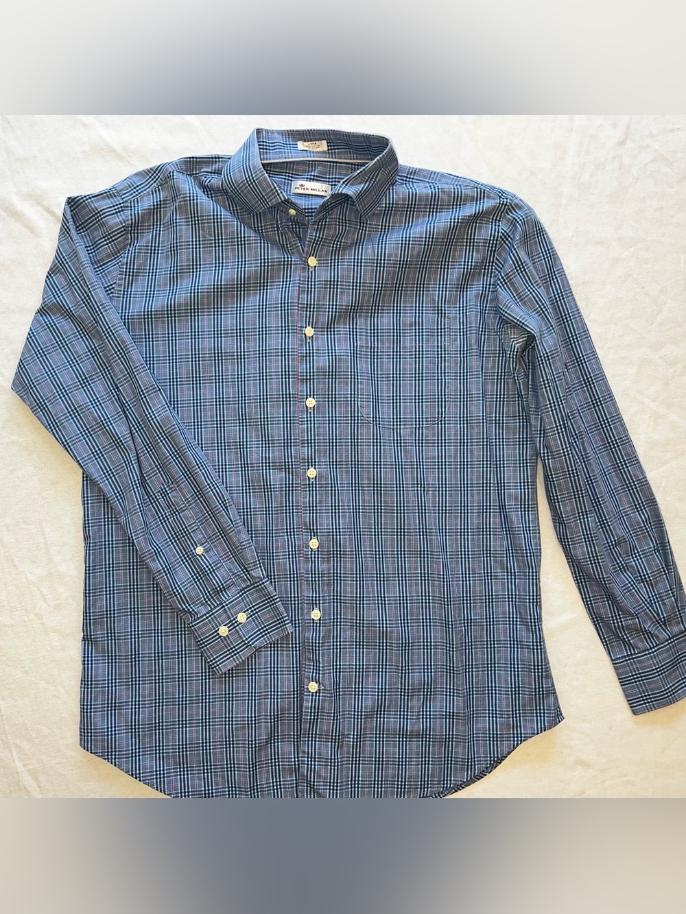 Peter Millar Blue and Navy Plaid Long-Sleeve Button-Down Business Luxury Shirt